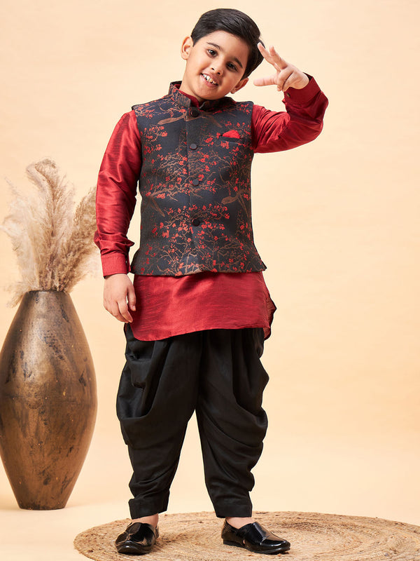 Jashvi Boys Maroon Jacquard Jacket With Maroon kurta and Dhoti Set