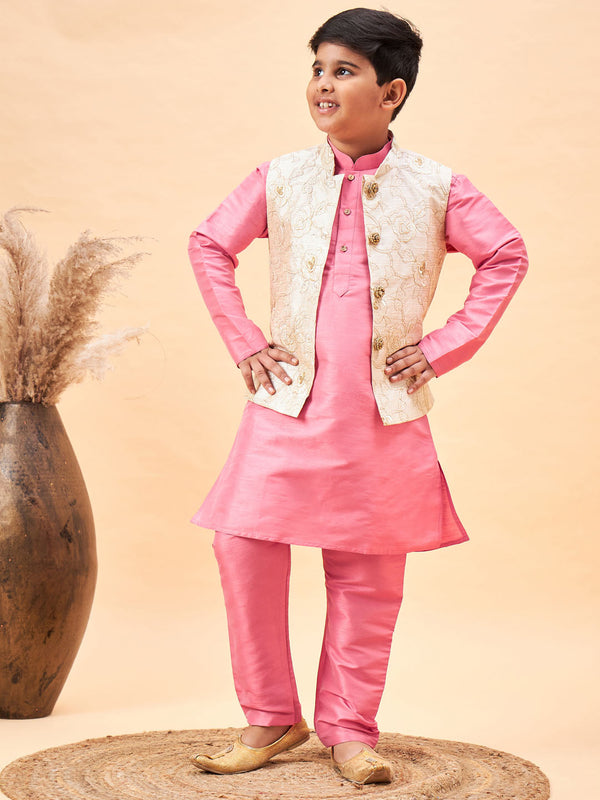 Jashvi Boy's Beige Woven Nehru Jacket With Pink Kurta Pyjama Set