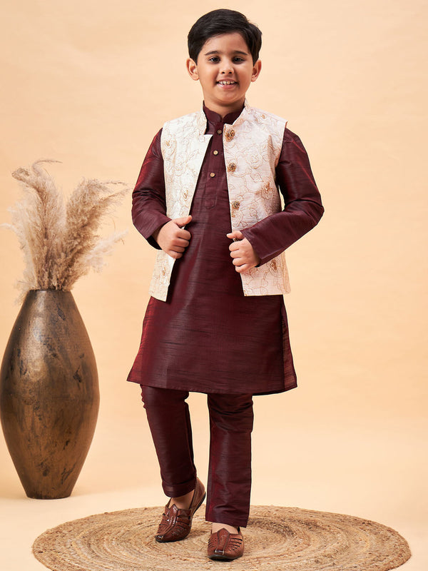 Jashvi Boy's Beige Nehru Jacket With Wine Kurta And Pyjama Set