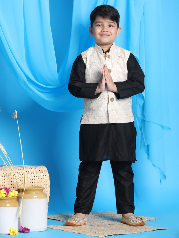 Jashvi Boy's Beige Embroidered Nehru Jacket With Black Kurta Pyjama Set