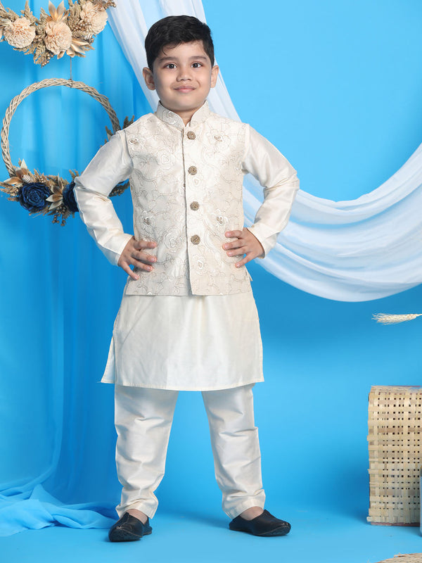 Jashvi Boy's Beige Nehru Jacket With Cream Kurta And Pyjama Set