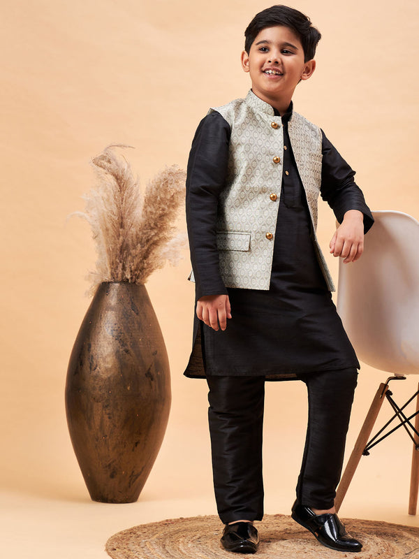 Jashvi Boy's Beige Woven Nehru Jacket With Black Kurta Pyjama Set