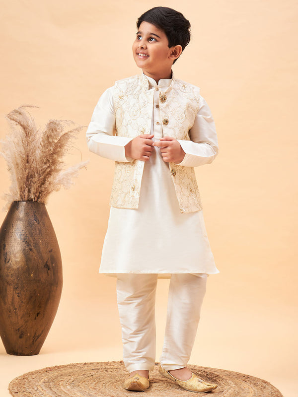 Jashvi Boy's Beige Nehru Jacket With Cream Kurta And Pyjama Set