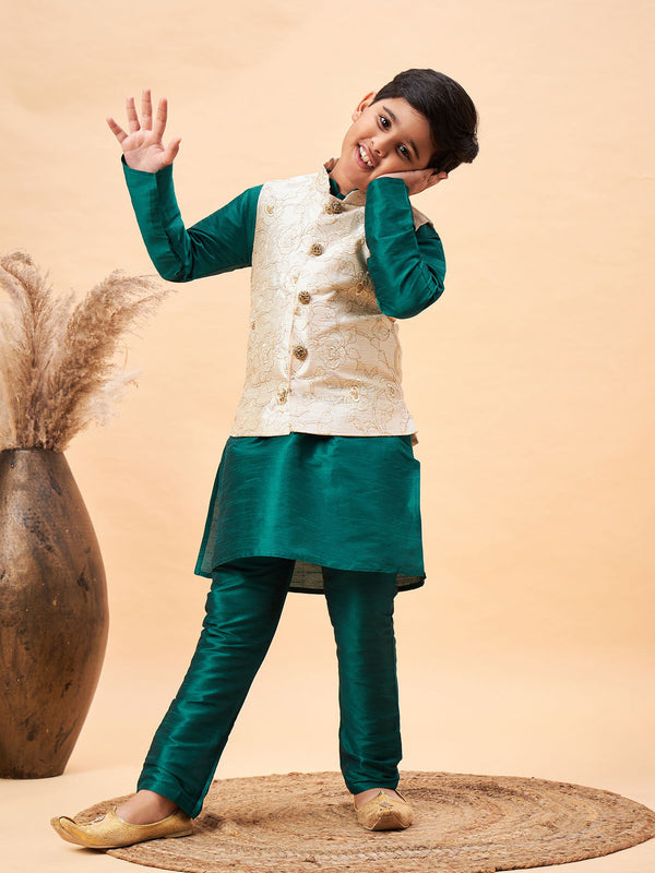 Jashvi Boy's Beige Woven Nehru Jacket With Green Kurta Pyjama Set