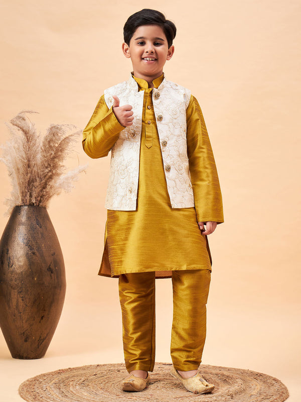 Jashvi Boy's Beige Nehru Jacket With Mustard Kurta And Pyjama Set