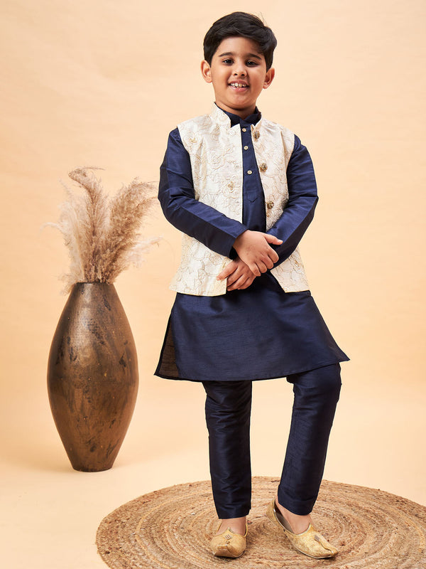 Jashvi Boy's Beige Woven Nehru Jacket With Navy Blue Kurta Pyjama Set