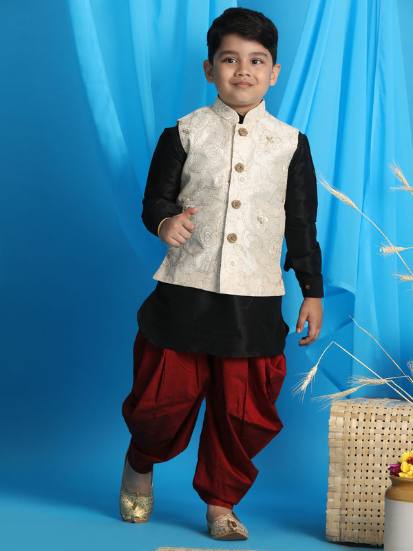 Jashvi Boy's Beige Embroidered Nehru Jacket With Black Kurta And Maroon Dhoti Set