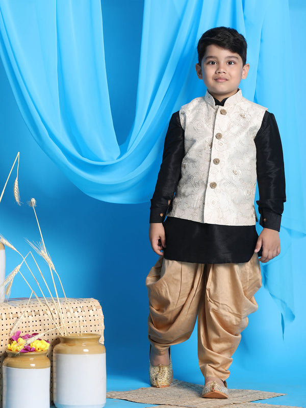 Jashvi Boy's Beige Embroidered Nehru Jacket With Black Kurta And Rose Gold Dhoti Set