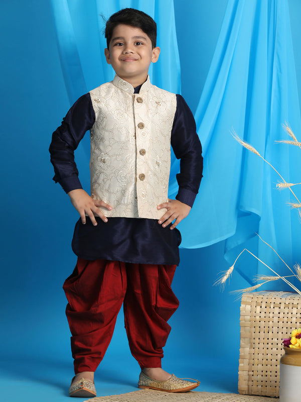 Jashvi Boy's Beige Embroidered Nehru Jacket With Blue Kurta And Maroon Dhoti Set