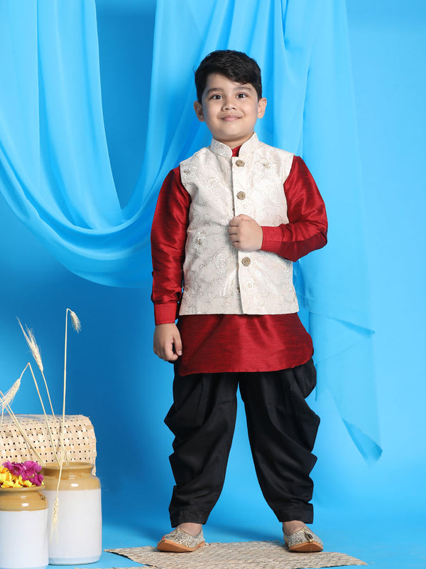 Jashvi Boy's Beige Embroidered Nehru Jacket With Maroon Kurta And Black Dhoti Set