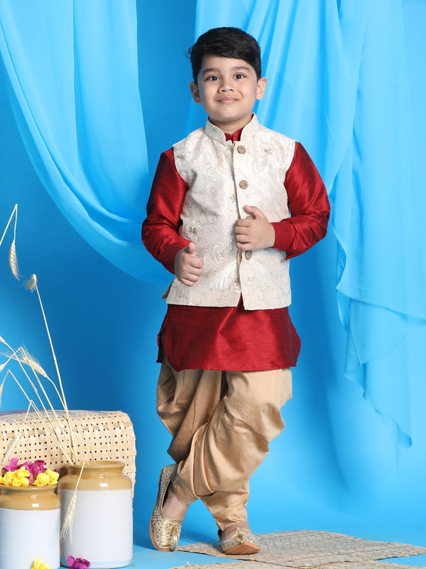 Jashvi Boy's Beige Embroidered Nehru Jacket With Maroon Kurta And Rose Gold Dhoti Set