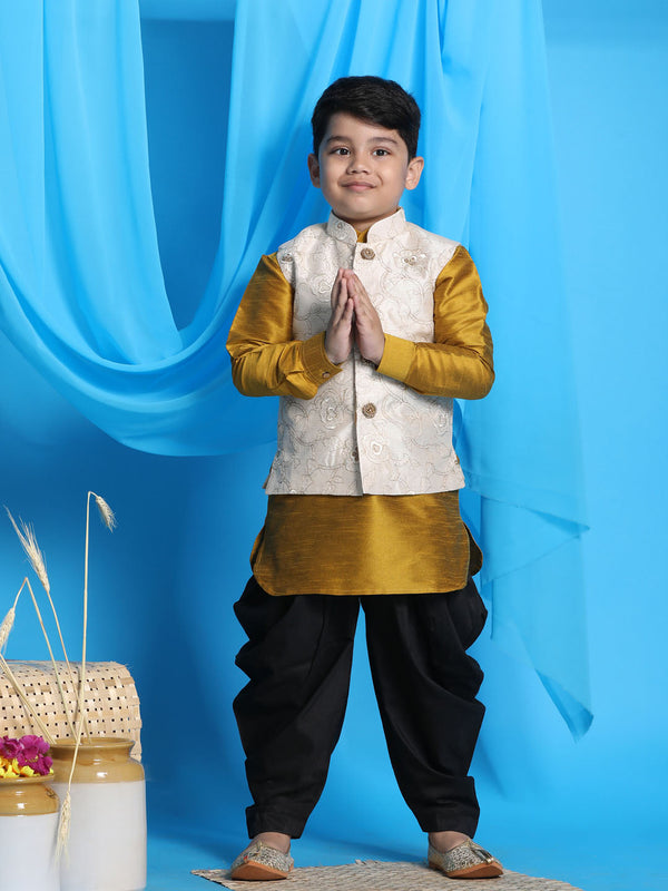 Jashvi Boy's Beige Embroidered Nehru Jacket With Mustard Kurta And Black Dhoti Set