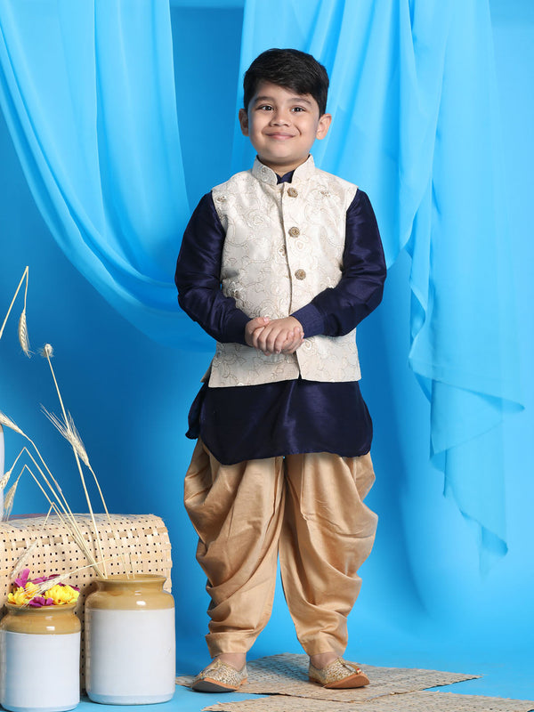 Jashvi Boy's Beige Embroidered Nehru Jacket With Navy Blue Kurta And Rose Gold Dhoti Set