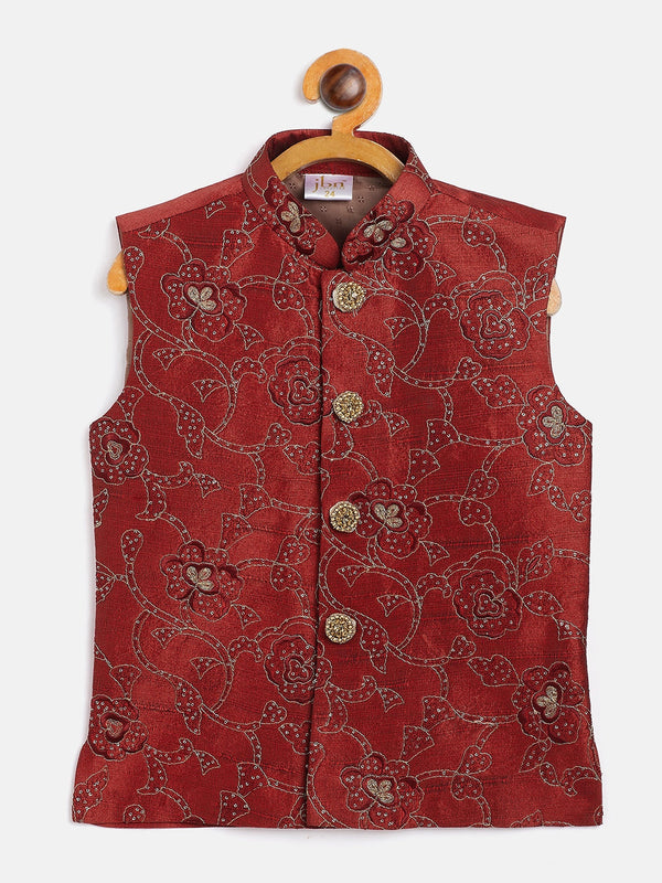 Jashvi Boy's Maroon Silk Blend Embroidered Nehru Jacket