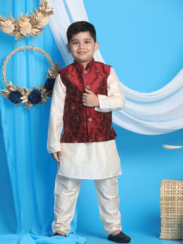 Jashvi Boy's Maroon Nehru Jacket With Cream Kurta And Pyjama Set