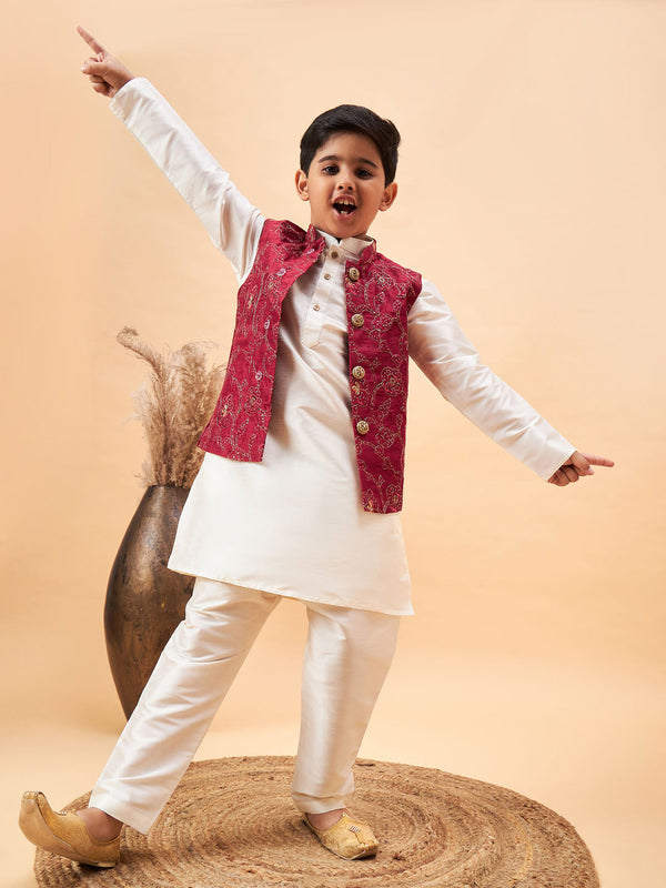 Jashvi Boy's Maroon Nehru Jacket With Cream Kurta And Pyjama Set