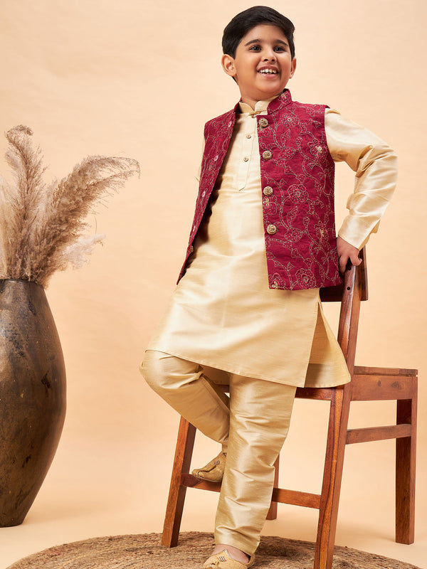 Jashvi Boy's Maroon Nehru Jacket With Gold Kurta And Pyjama Set