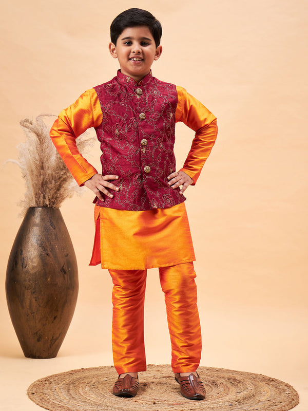 Jashvi Boy's Maroon Nehru Jacket With Orange Kurta And Pyjama Set