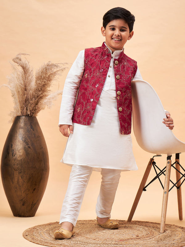 Jashvi Boy's Maroon Nehru Jacket With White Kurta And Pyjama Set