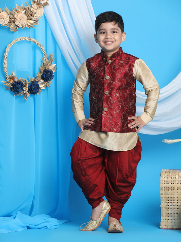 Jashvi Boy's Maroon Embroidered Nehru Jacket With Gold Kurta And Maroon Dhoti Set