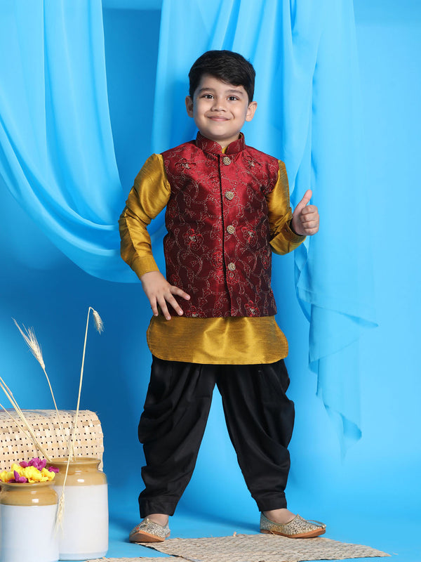 Jashvi Boy's Maroon Embroidered Nehru Jacket With Mustard Kurta And Black Dhoti Set