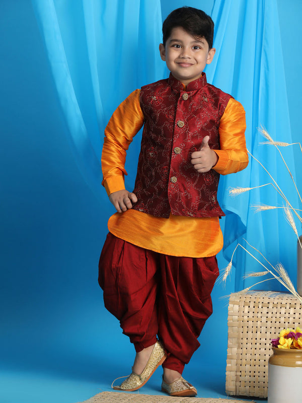 Jashvi Boy's Maroon Embroidered Nehru Jacket With Orange Kurta And Maroon Dhoti Set