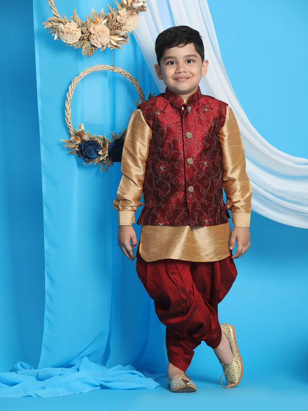 Jashvi Boy's Maroon Embroidered Nehru Jacket With Rose Gold Kurta And Dhoti Set