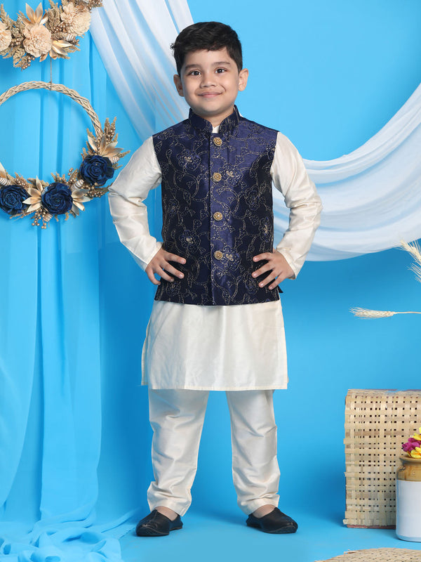 Jashvi Boy's Navy Blue Nehru Jacket With Cream Kurta And Pyjama Set