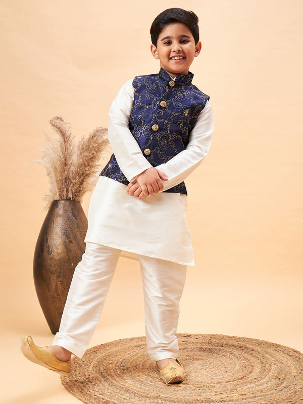 Jashvi Boy's Navy Blue Nehru Jacket With Cream Kurta And Pyjama Set