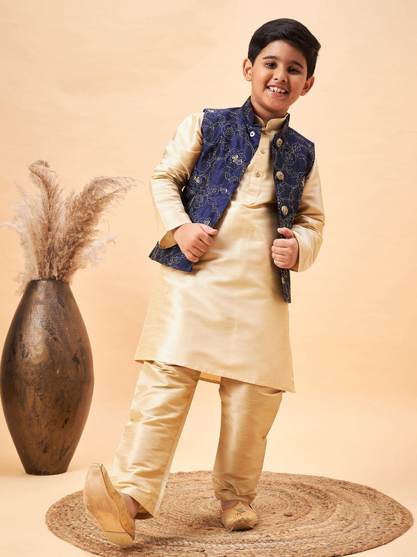 Jashvi Boy's Navy Blue Nehru Jacket With Gold Kurta And Pyjama Set