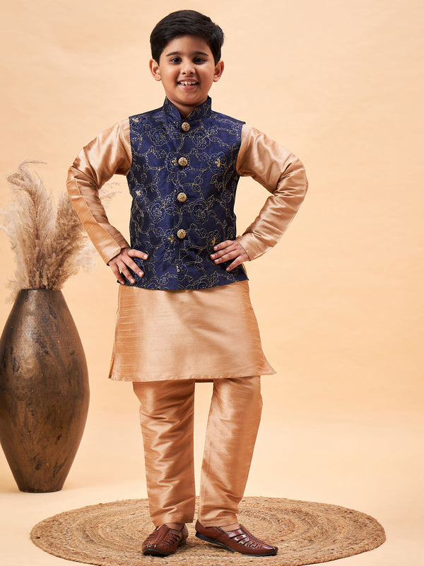 Jashvi Boy's Navy Blue Nehru Jacket With Rose Gold Kurta And Pyjama Set