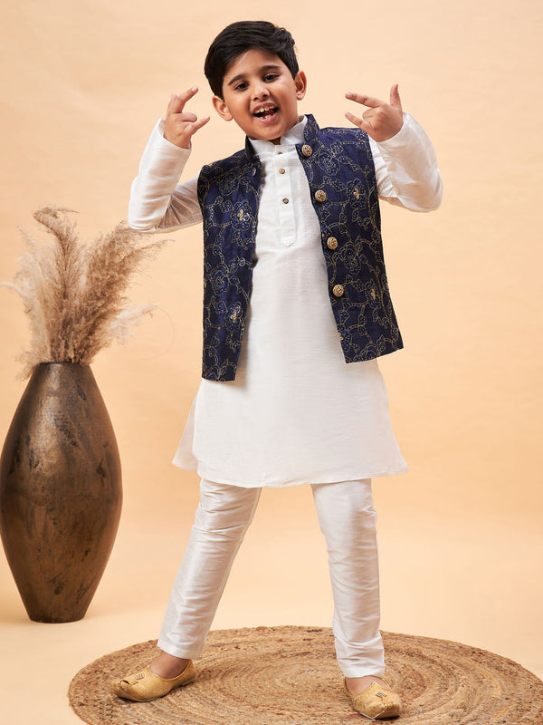 Jashvi Boy's Navy Blue Nehru Jacket With White Kurta And Pyjama Set