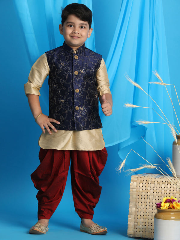 Jashvi Boy's Navy Blue Embroidered Nehru Jacket With Gold Kurta And Maroon Dhoti Set