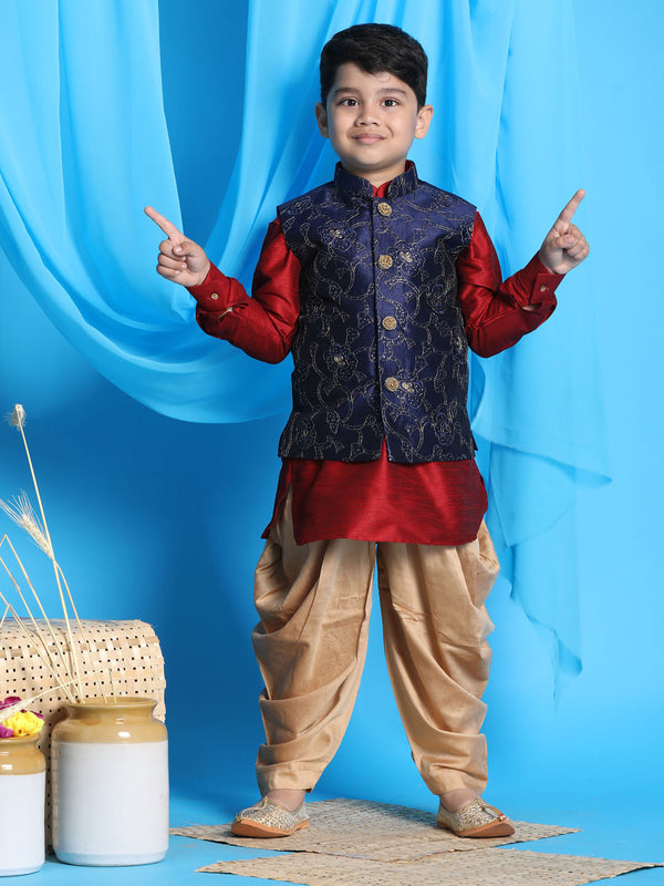 Jashvi Boy's Navy Blue Embroidered Nehru Jacket With Maroon Kurta And Rose Gold Dhoti Set