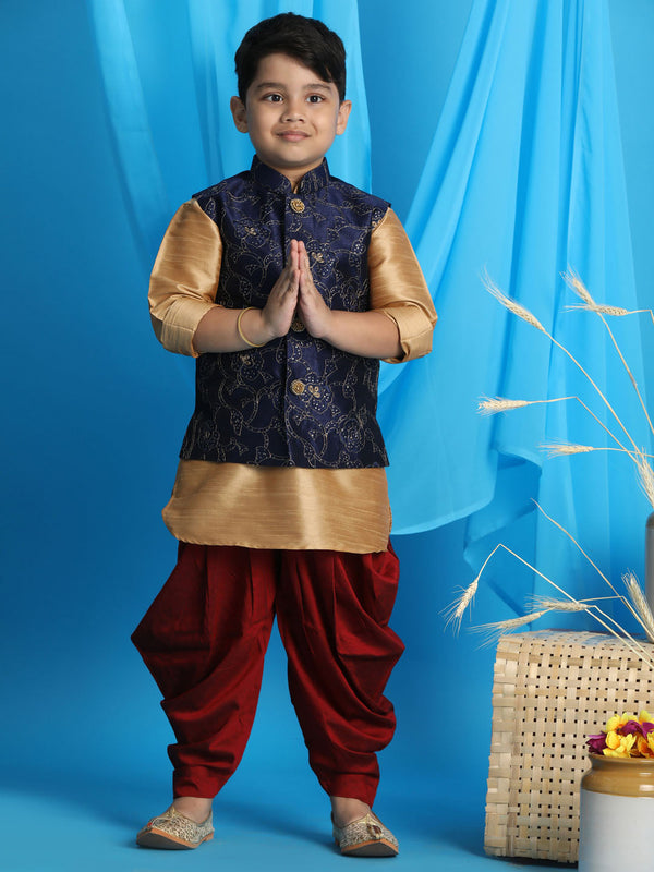 Jashvi Boy's Navy Blue Embroidered Nehru Jacket With Rose Gold Kurta And Maroon Dhoti Set