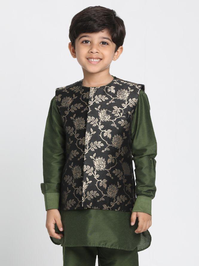 Boys' Black Cotton Silk Blend Nehru Jacket