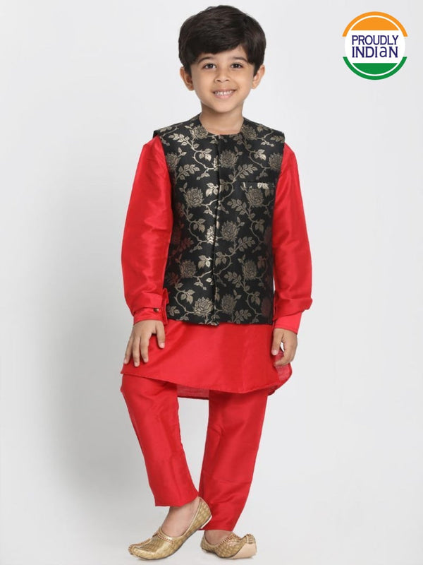 Boys' Red Cotton Silk Blend Kurta, Waistcoat and Pyjama Set