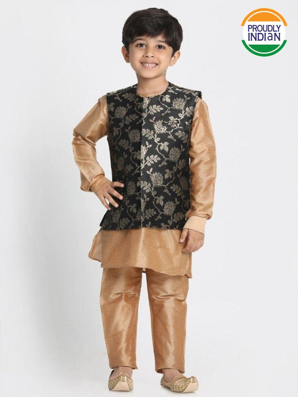 Boys' Gold Cotton Silk Blend Kurta, Waistcoat and Pyjama Set