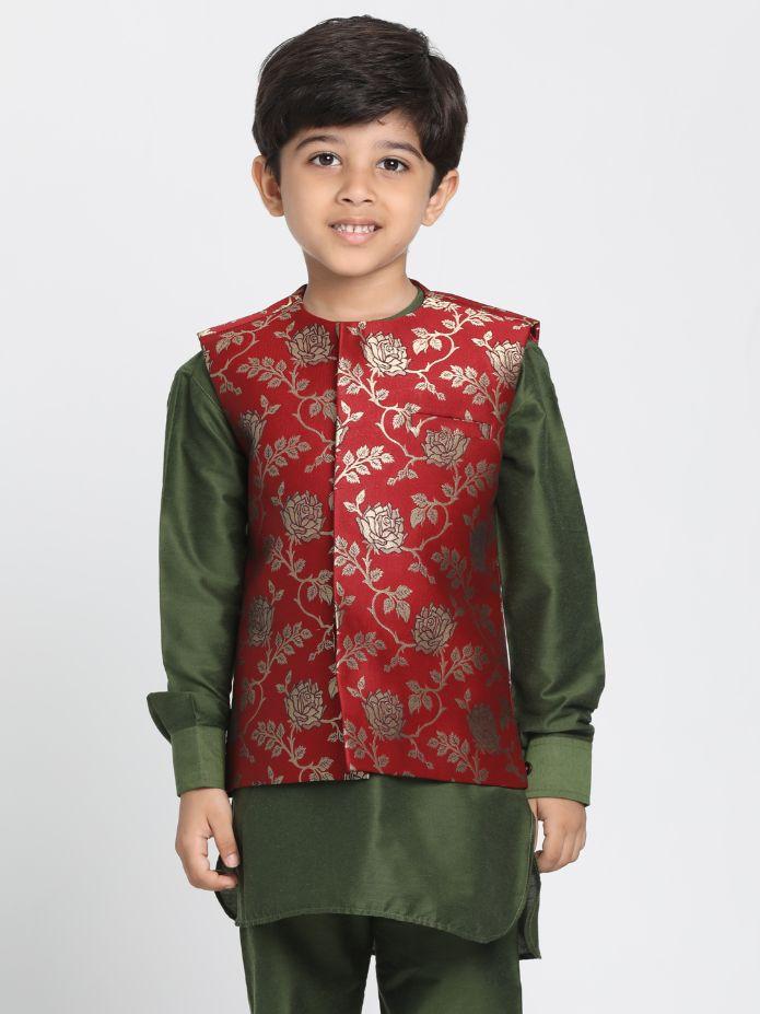 Boys' Maroon Cotton Silk Blend Nehru Jacket