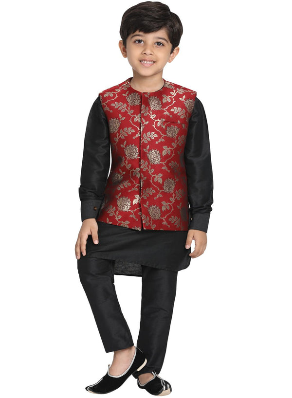 Jashvi Boys' Maroon Cotton Silk Blend Kurta, Nehru Jacket and Pyjama Set