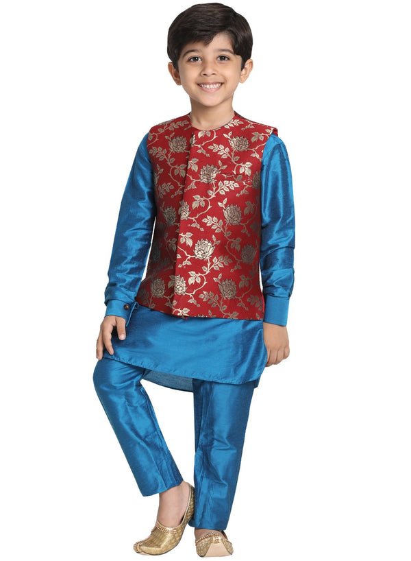 Jashvi Boys' Light Blue Cotton Silk Blend Kurta, Nehru Jacket and Pyjama Set