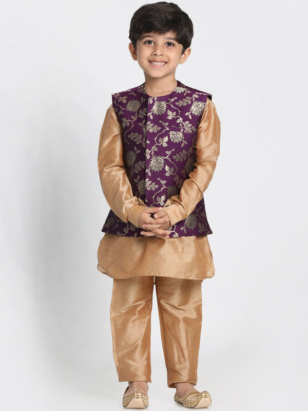 Jashvi Boys' Gold Cotton Silk Blend Kurta, Nehru Jacket and Pyjama Set