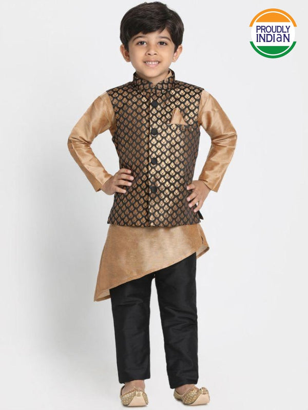 Boys' Gold Cotton Silk Blend Kurta, Waistcoat and Pyjama Set