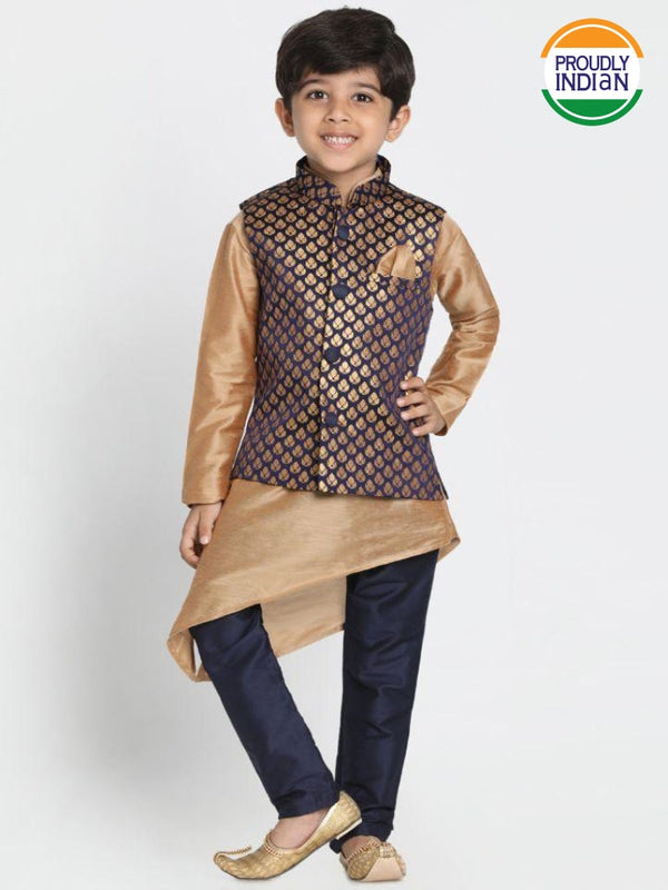 Jashvi Boys' Gold Cotton Silk Blend Kurta, Blue Nehru Jacket and Pyjama Set