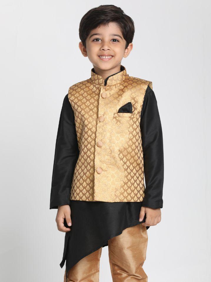 Boys' Gold Cotton Silk Blend Nehru Jacket