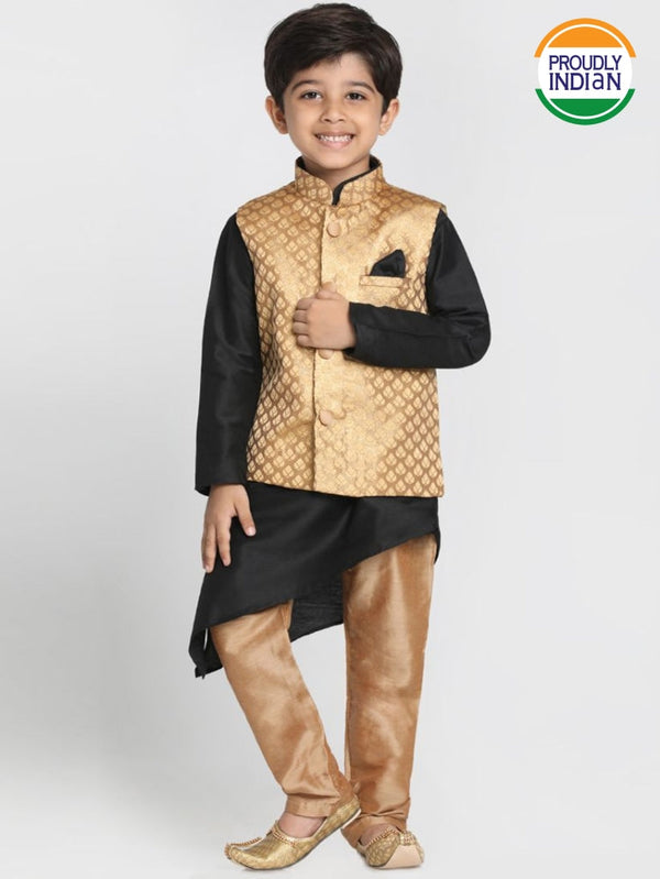 Jashvi Boys' Gold Cotton Silk Blend Kurta, Gold Nehru Jacket and Pyjama Set