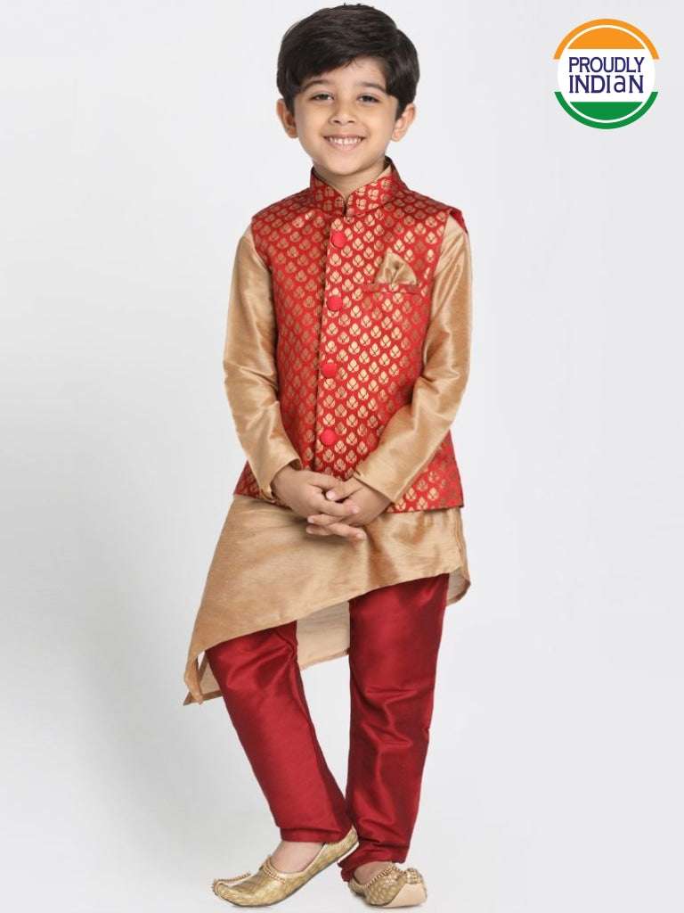 Boys' Gold Cotton Silk Blend Kurta, Waistcoat and Pyjama Set