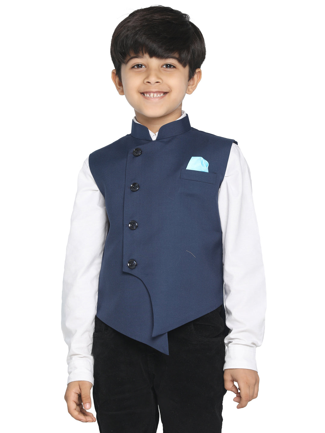 Boy's Navy Blue Cotton Blend Nehru Jacket - JBN Creation