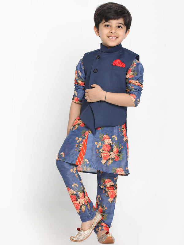 Jashvi Blue Twill Jacket, Printed Kurta and Pyjama Set