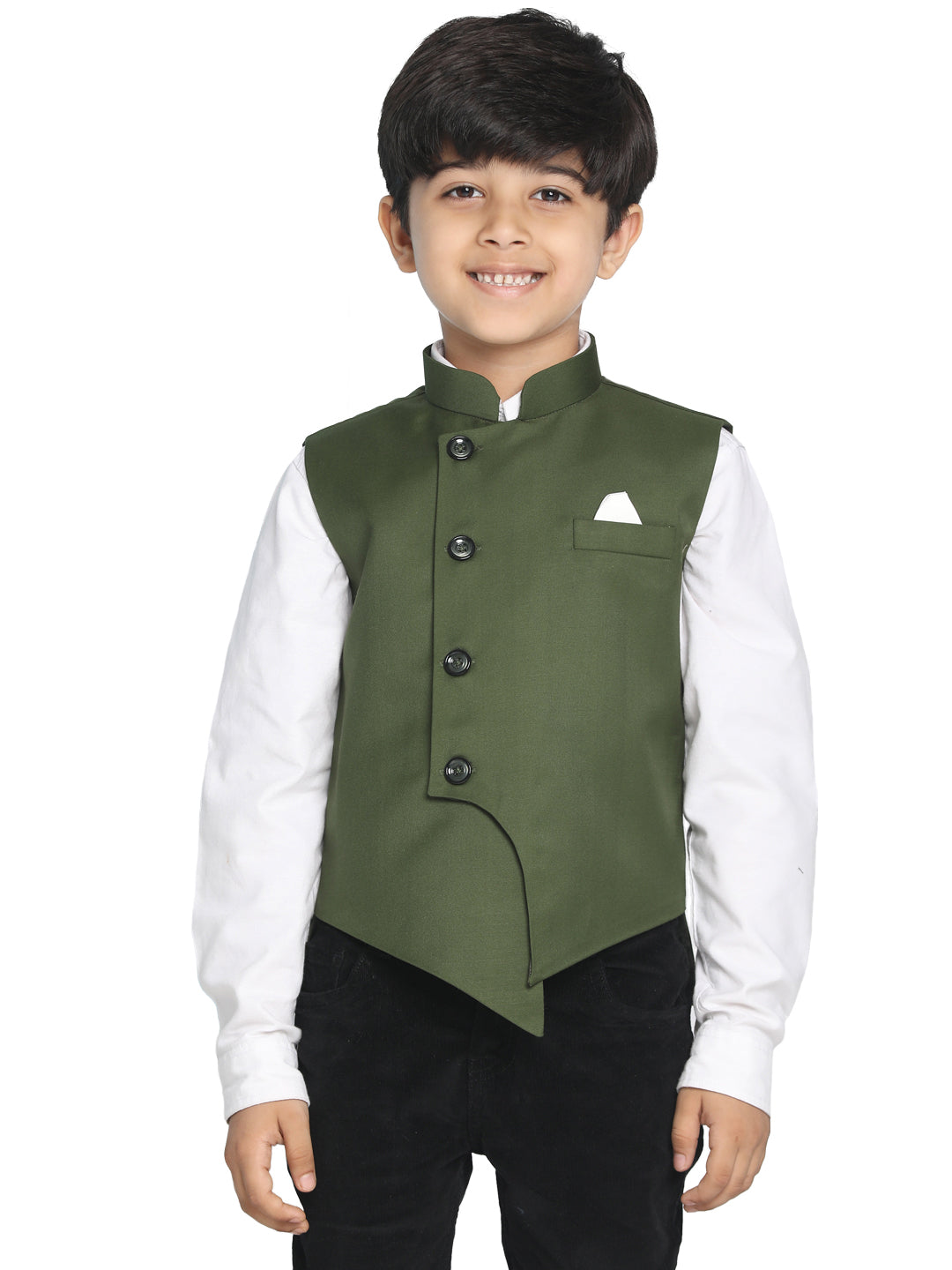 Boy's Dark Green Cotton Blend Nehru Jacket - JBN Creation